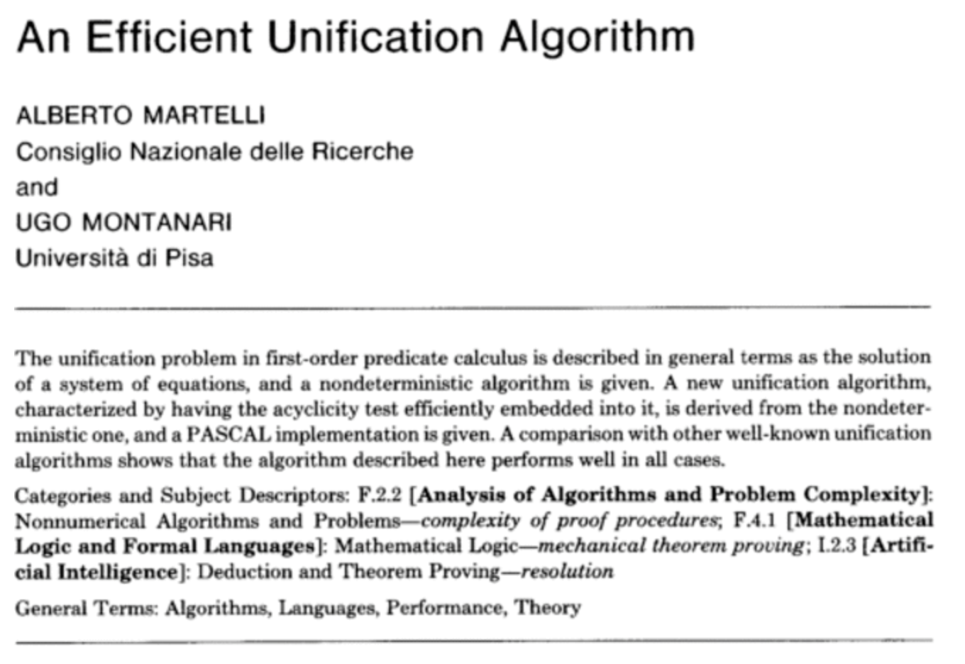 First page of An Efficient Unification Algorithm, Martelli and Montanari