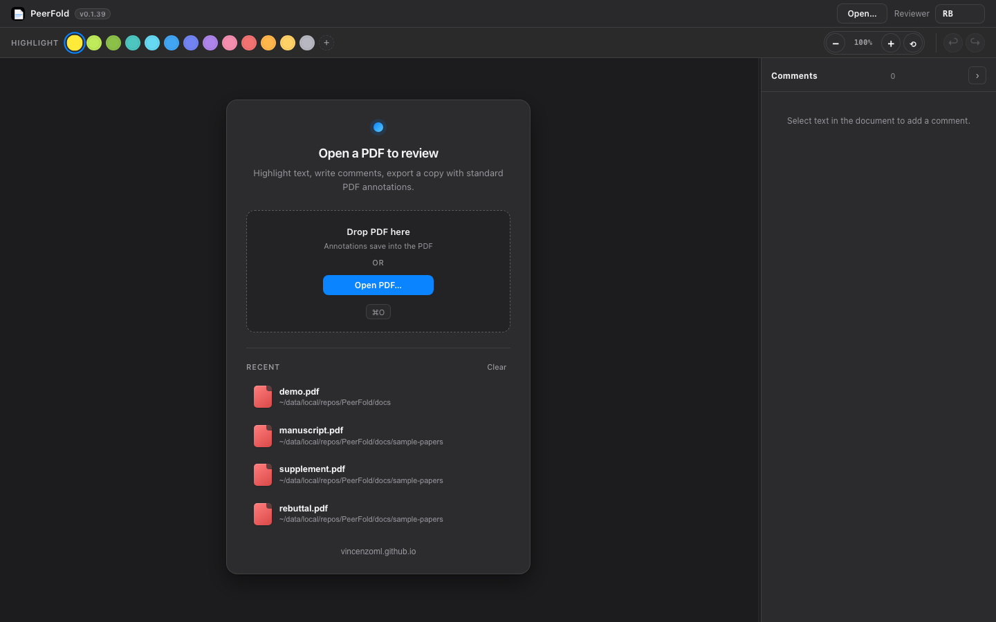 Welcome screen with recent files